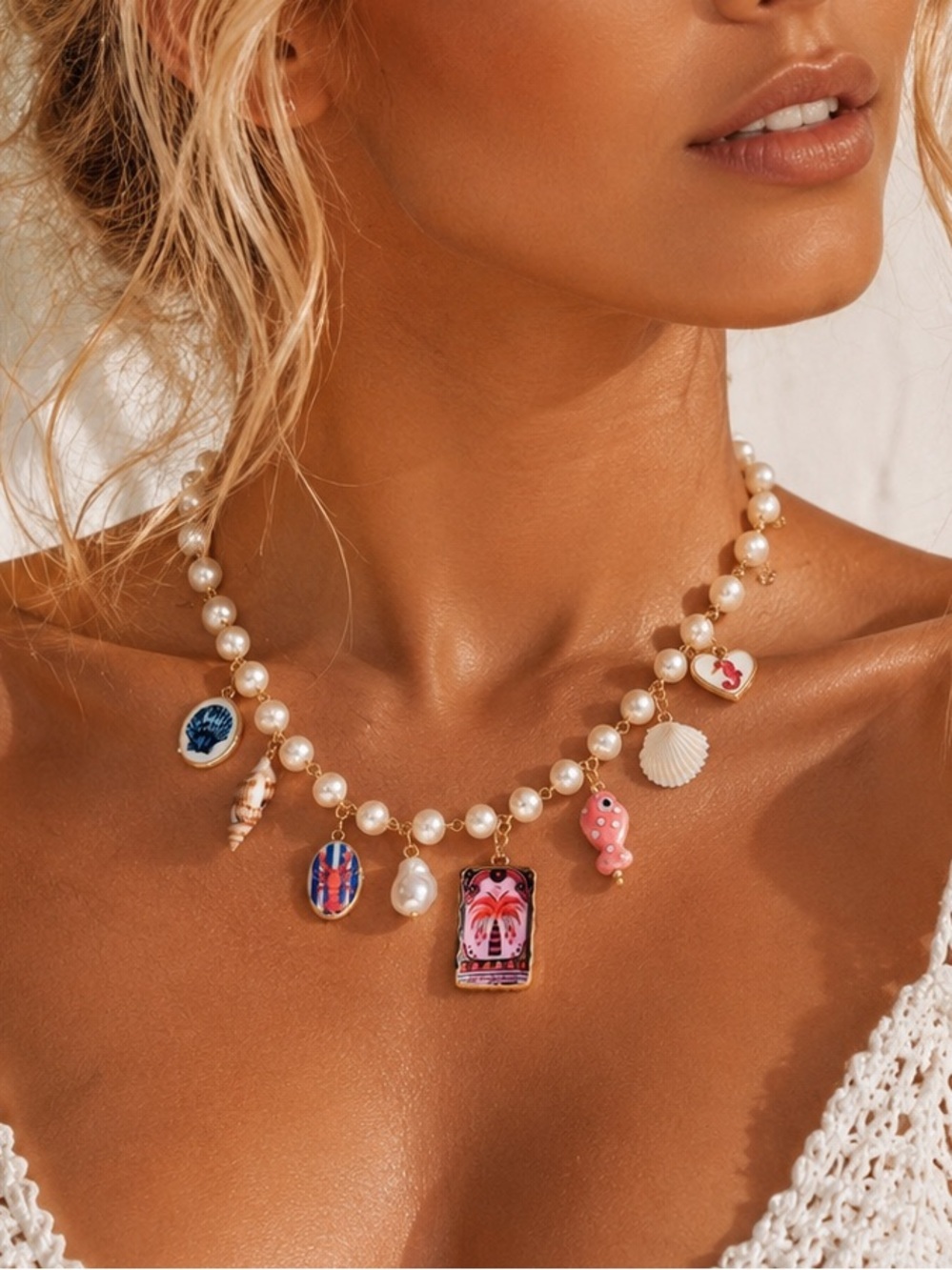 Anthropologie Pearl Necklace with Pink & Blue Beach Charms